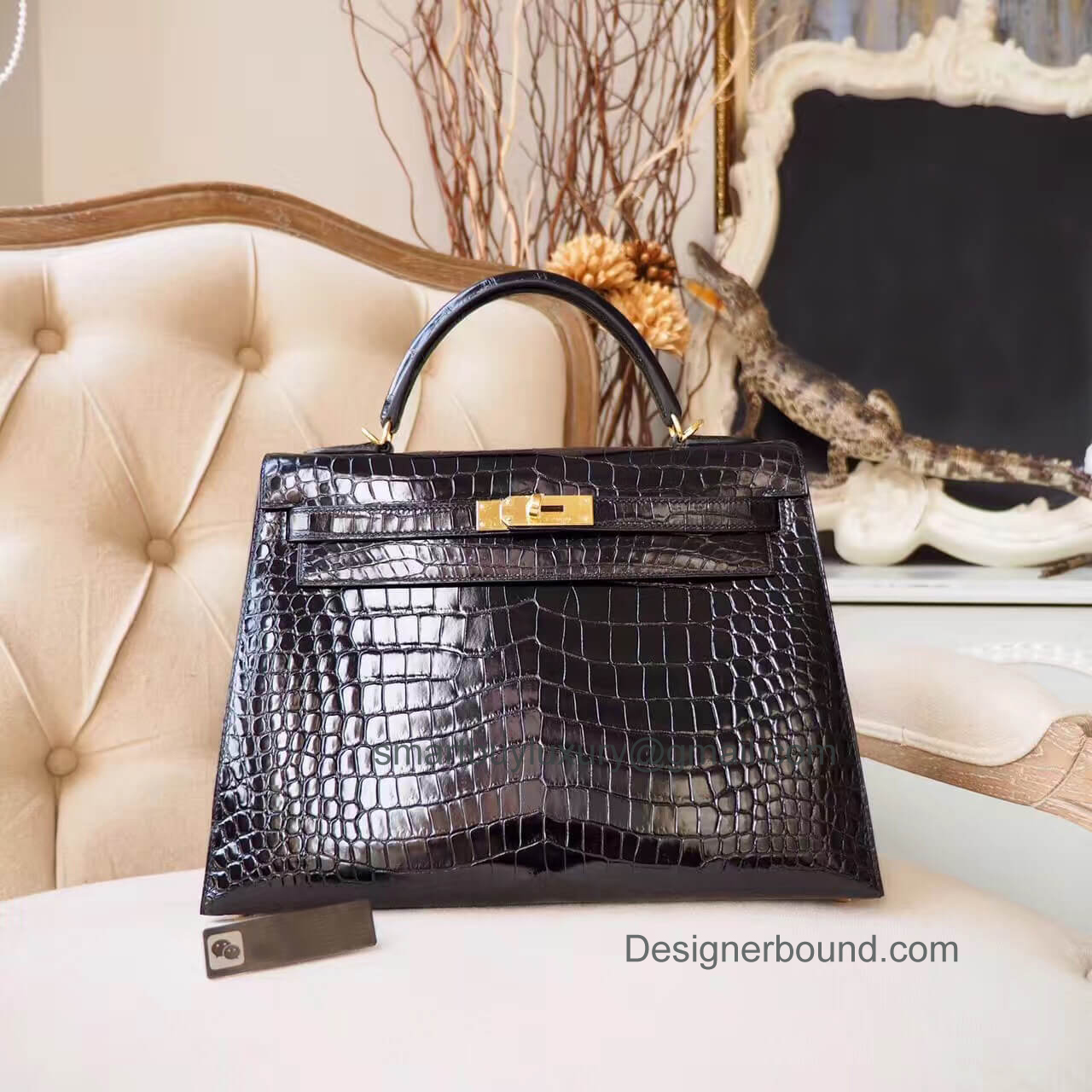 Hermes Kelly 32 Bag in ck89 Noir Shiny Porosus Croc GHW